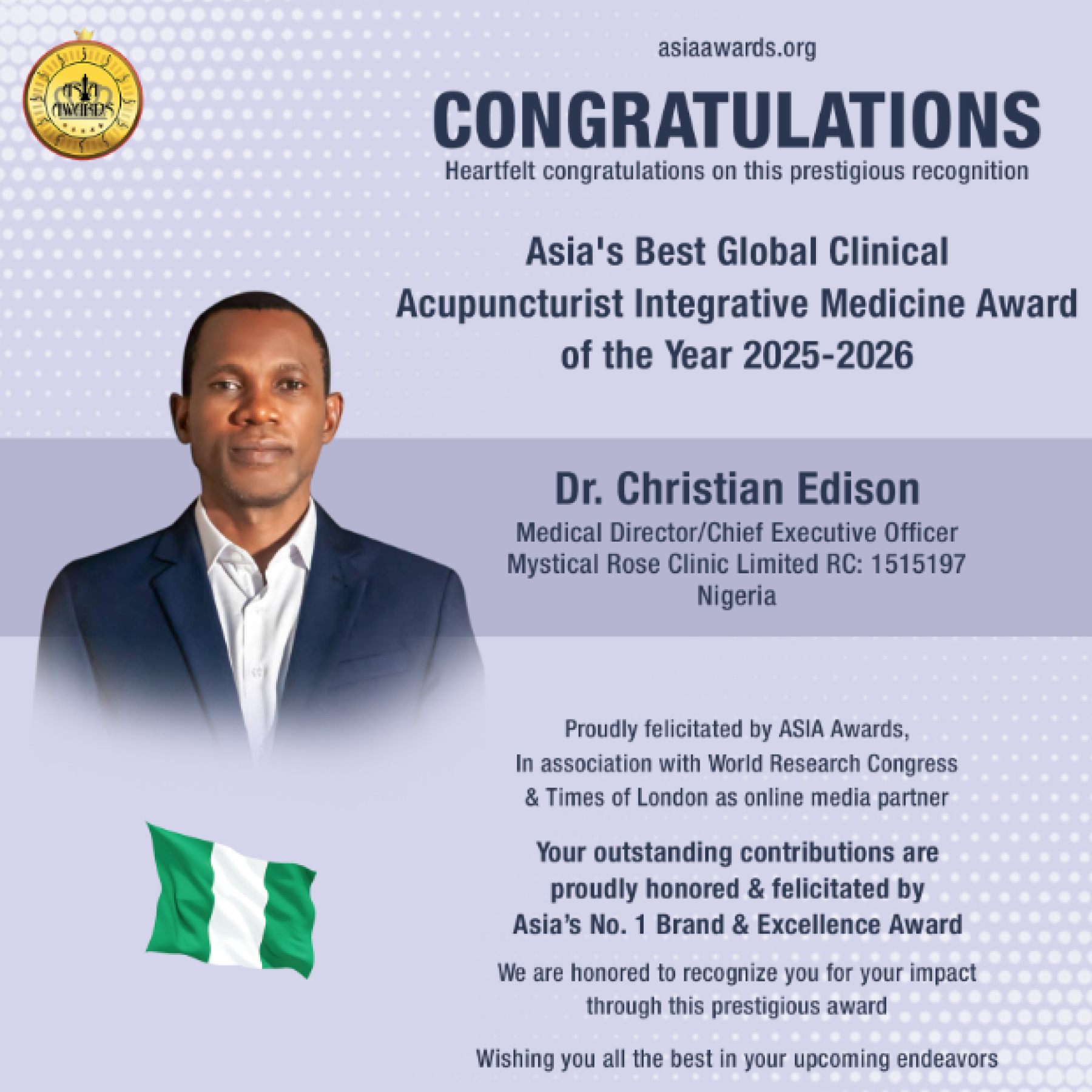 Dr Christian Edison has bagged Asia's Best Global Clinical Acupuncturist Integrative Medicine Award