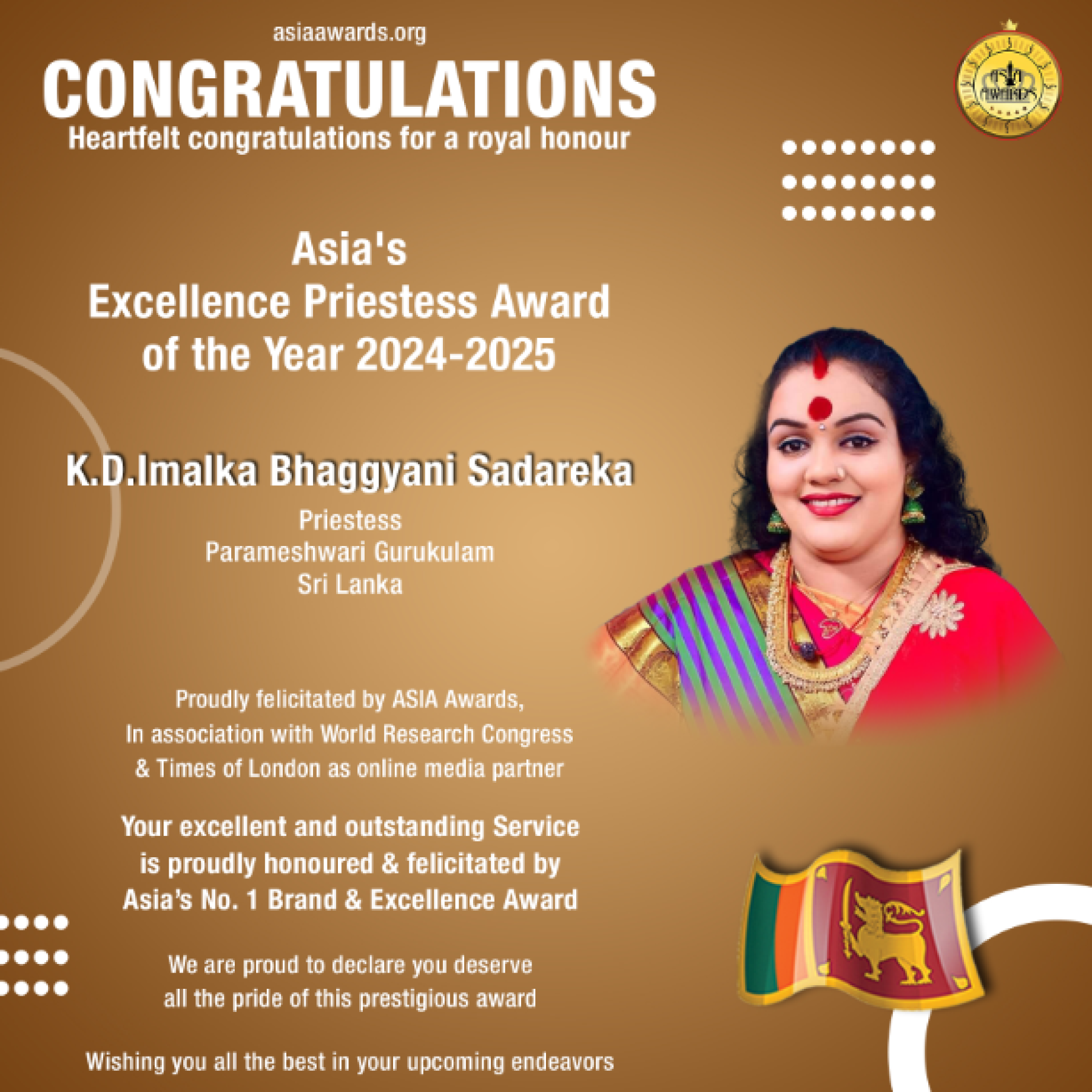 K.D.Imalka Bhaggyani Sadareka has bagged Asia's Excellence Priestess Award