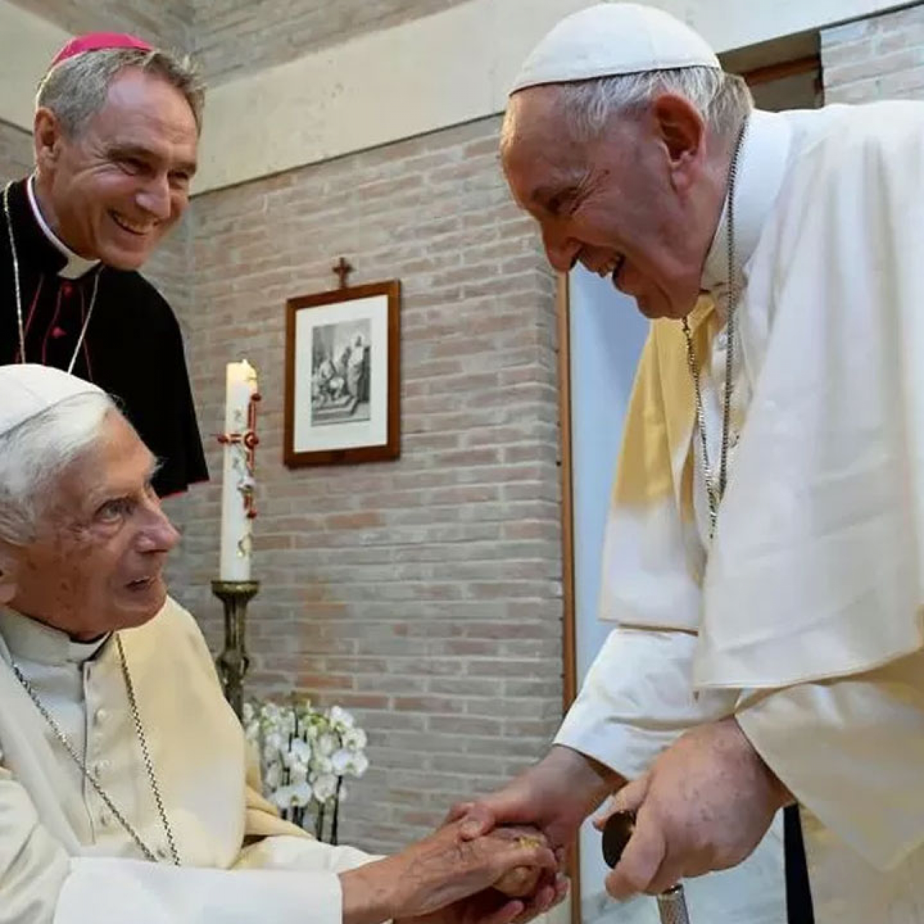 This is believed to be the most recent photograph of Benedict, here meeting Pope Francis at the monastery in August