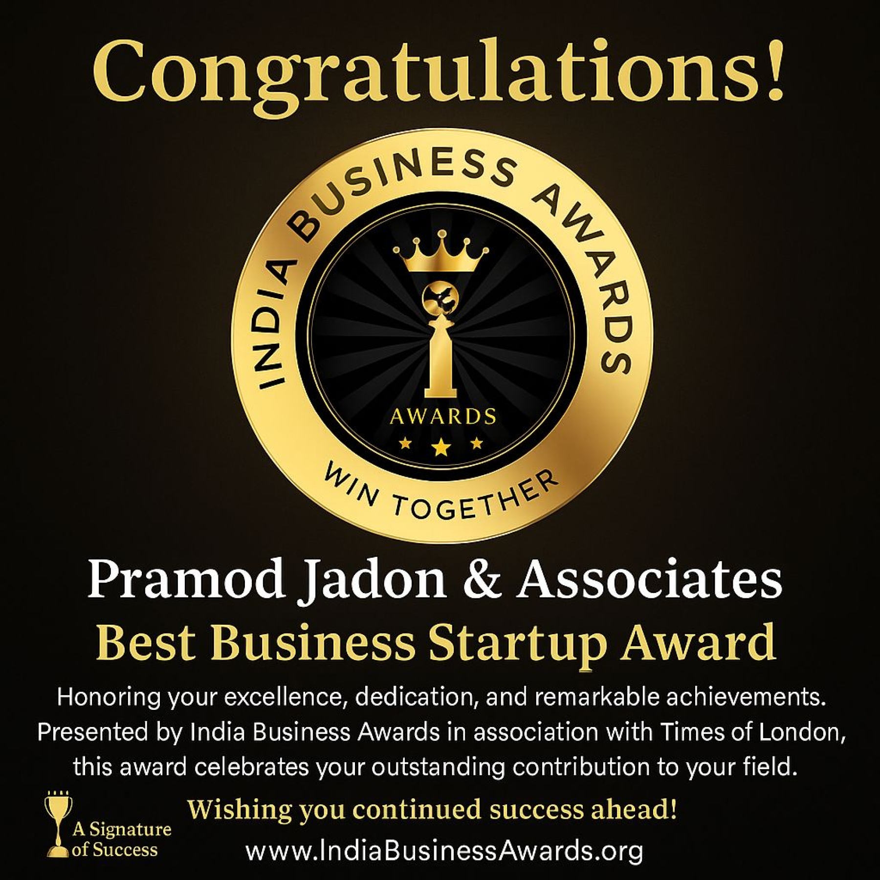 Pramod Jadon & Associates Best Business Startup Award
