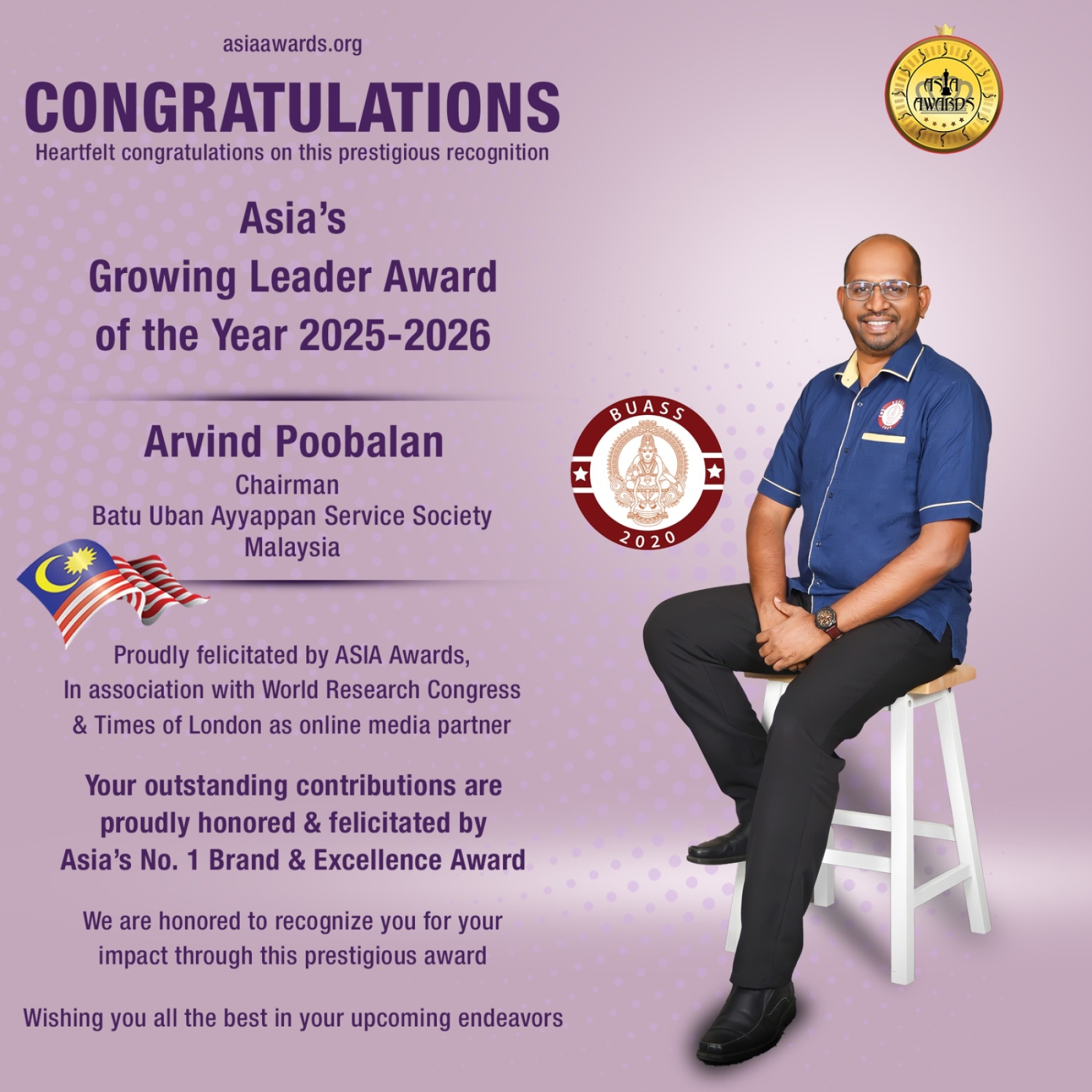 Arvind Poobalan has bagged Asia's Growing Leader Award