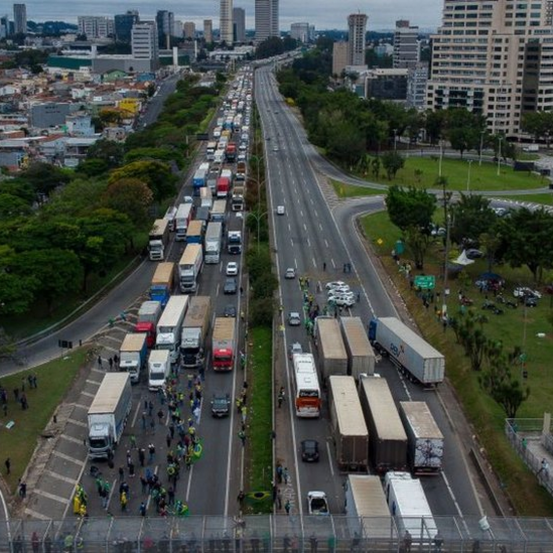 A long line of trucks take part in a blockade on a highway on the outskirts of Sao Paulo on 2 November