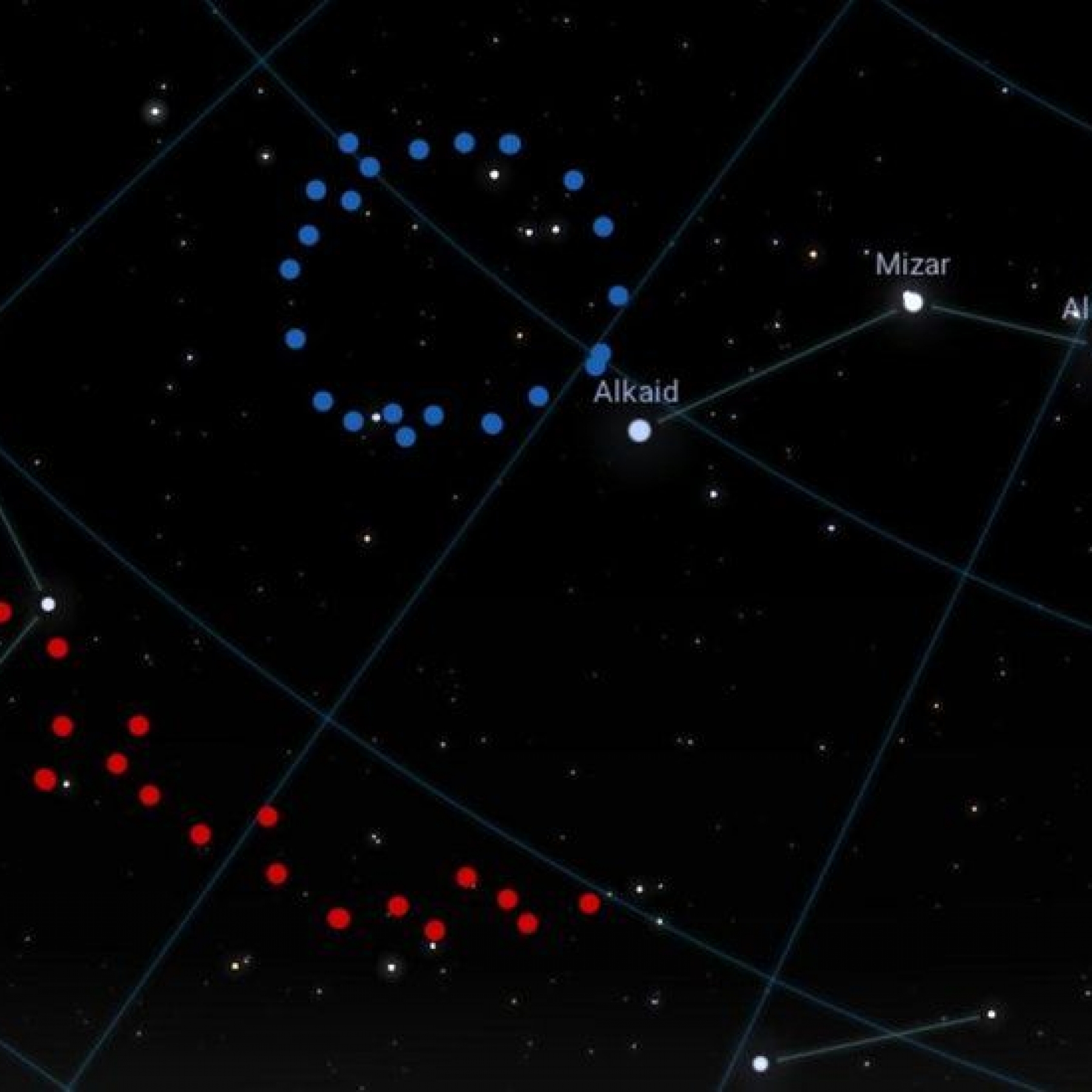An artist's impression highlighting the positions of the Big Ring (in blue) and Giant Arc (shown in red) in the sky.
