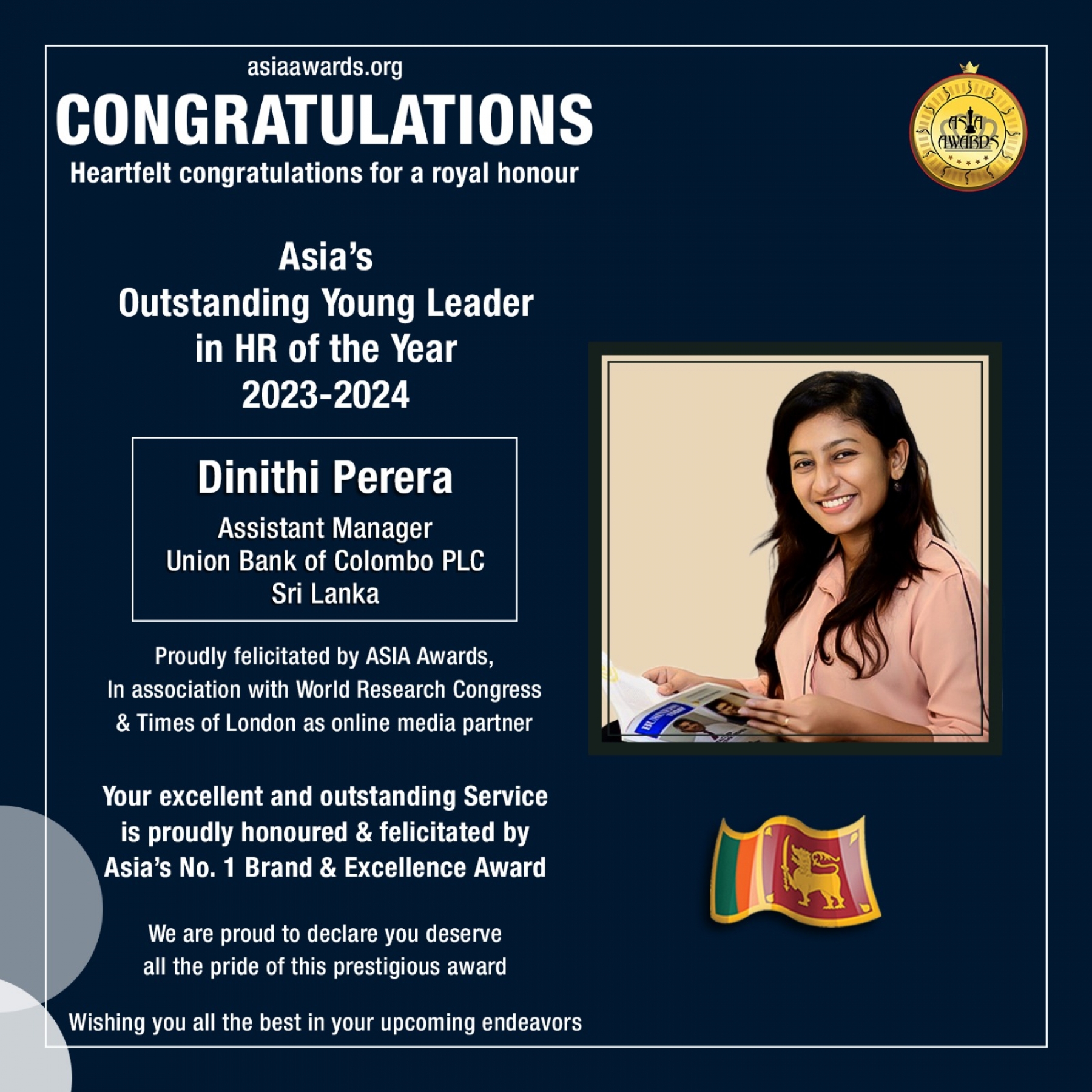 Dinithi Perera Has bagged Asia's Outstanding Young Leader in HR of the Year