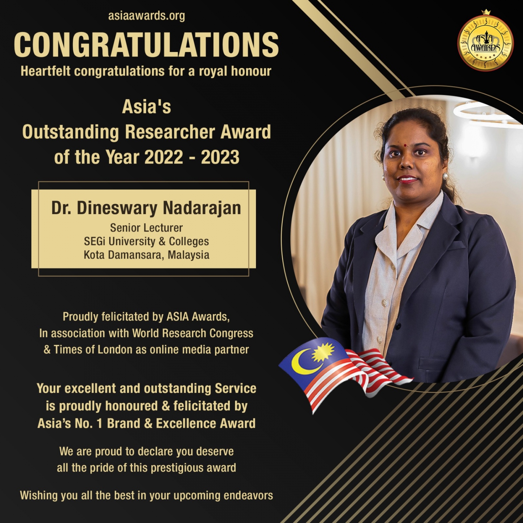 Dr. Dineswary Nadarajan has bagged Asia's Outstanding Researcher Award of the Year 