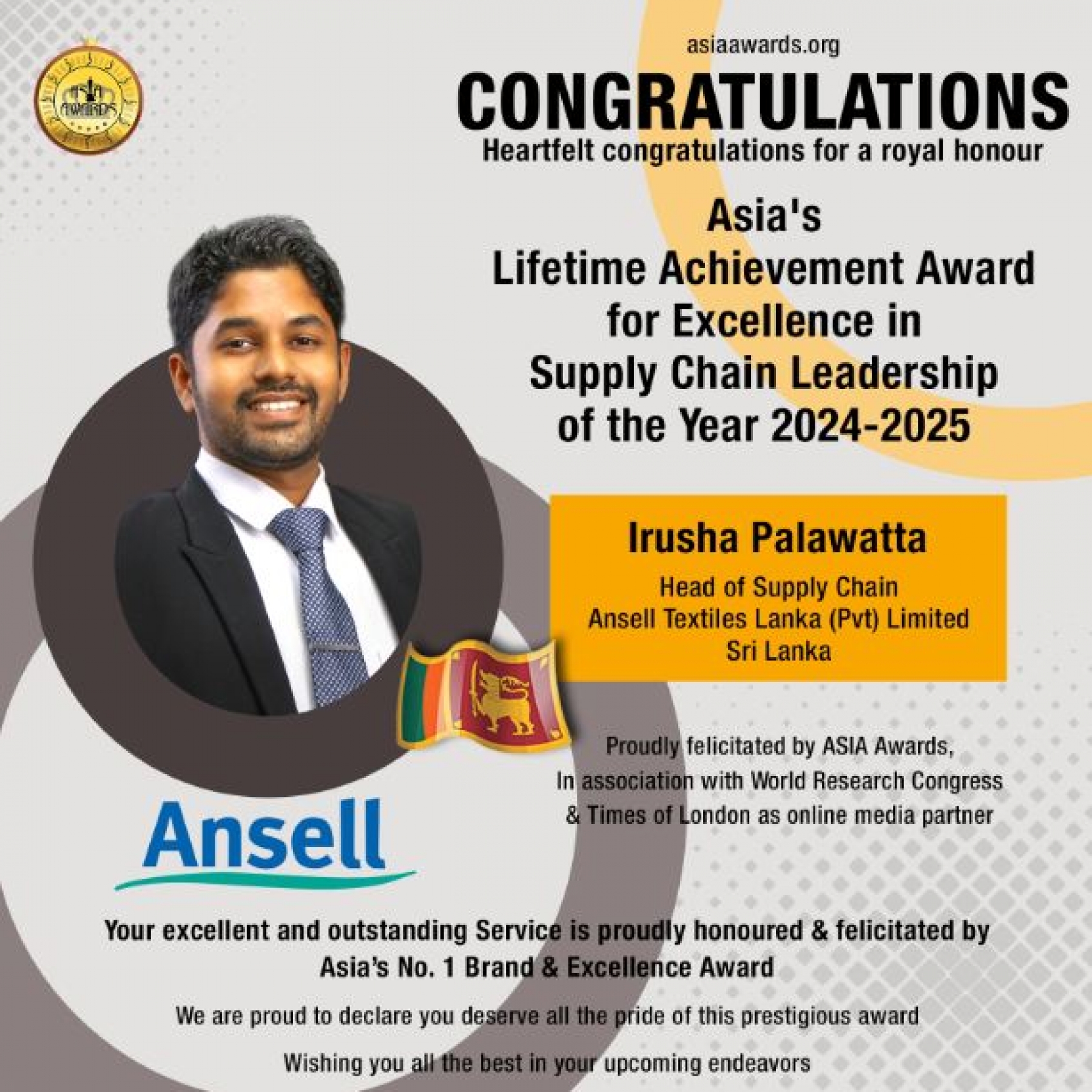  Irusha Palawatta has bagged Asia's Lifetime Achievement Award for Excellence in Supply Chain Leadership