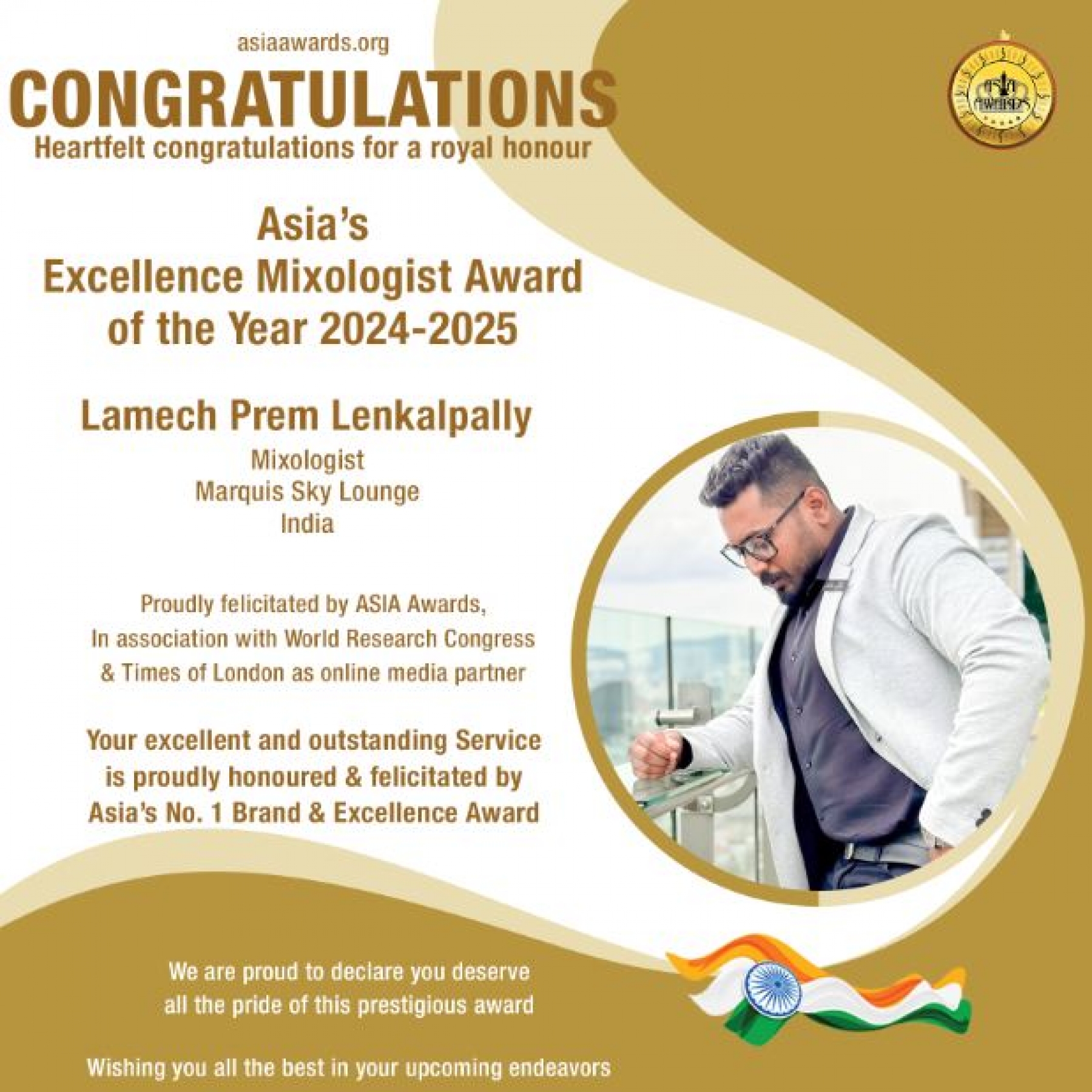 Lamech Prem Lenkalpally has bagged Asia's Excellence Mixologist Award