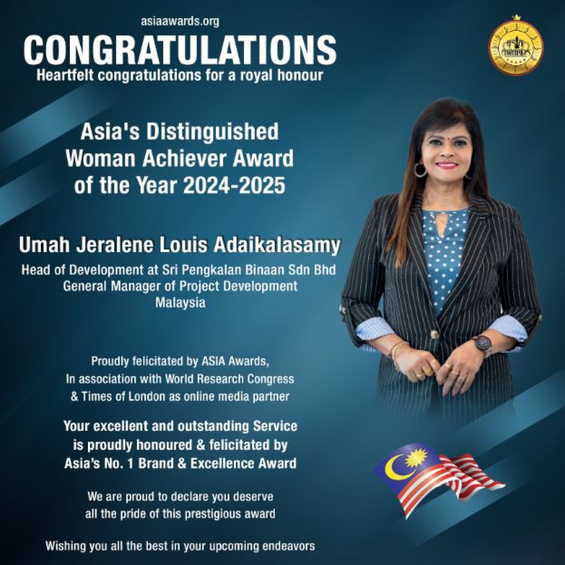 Umah Jeralene Louis Adaikalasamy has bagged Asia's Distinguished Woman Achiever Award