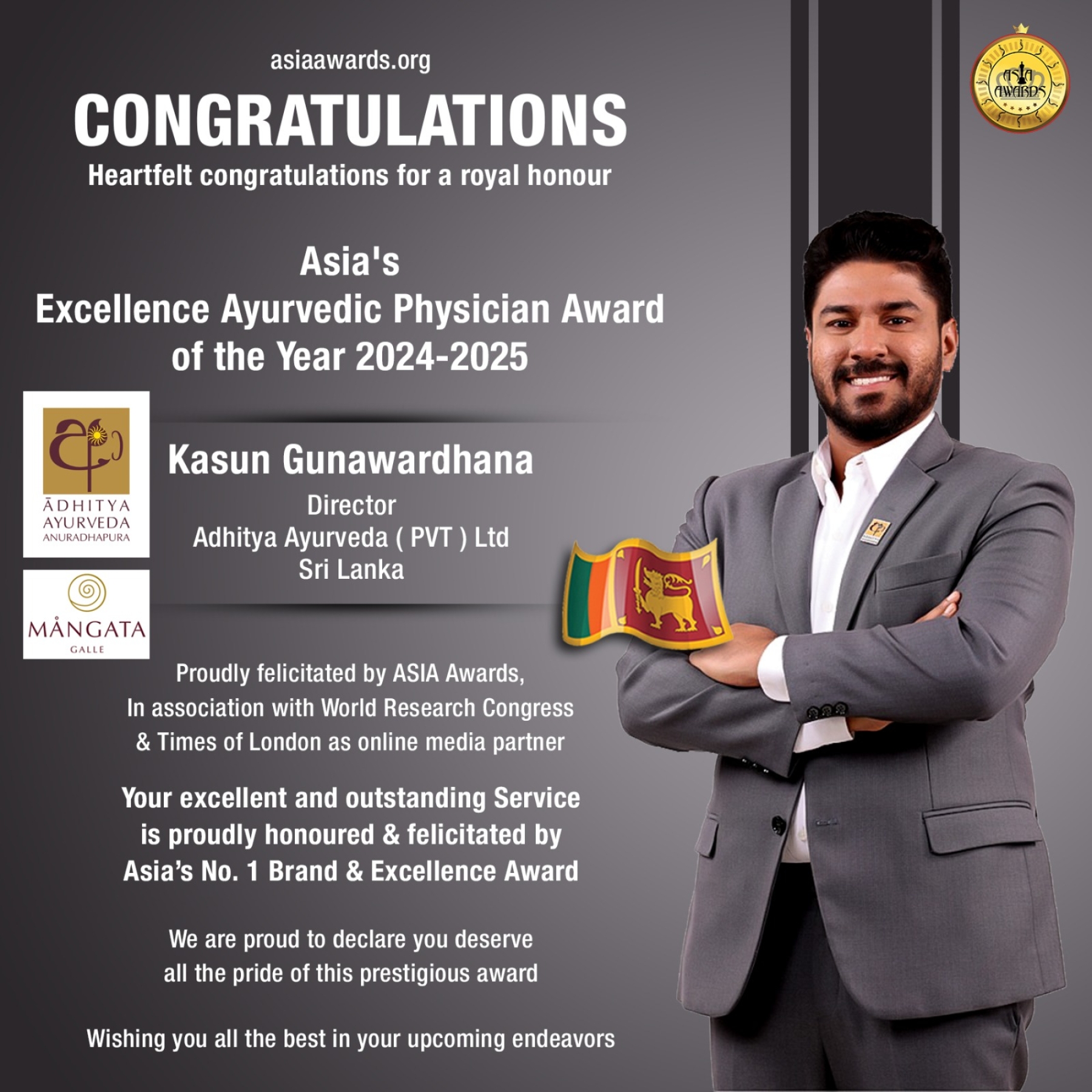 Dr. Kasun Gunawardhana has bagged Asia's Excellence Ayurvedic Physician Award