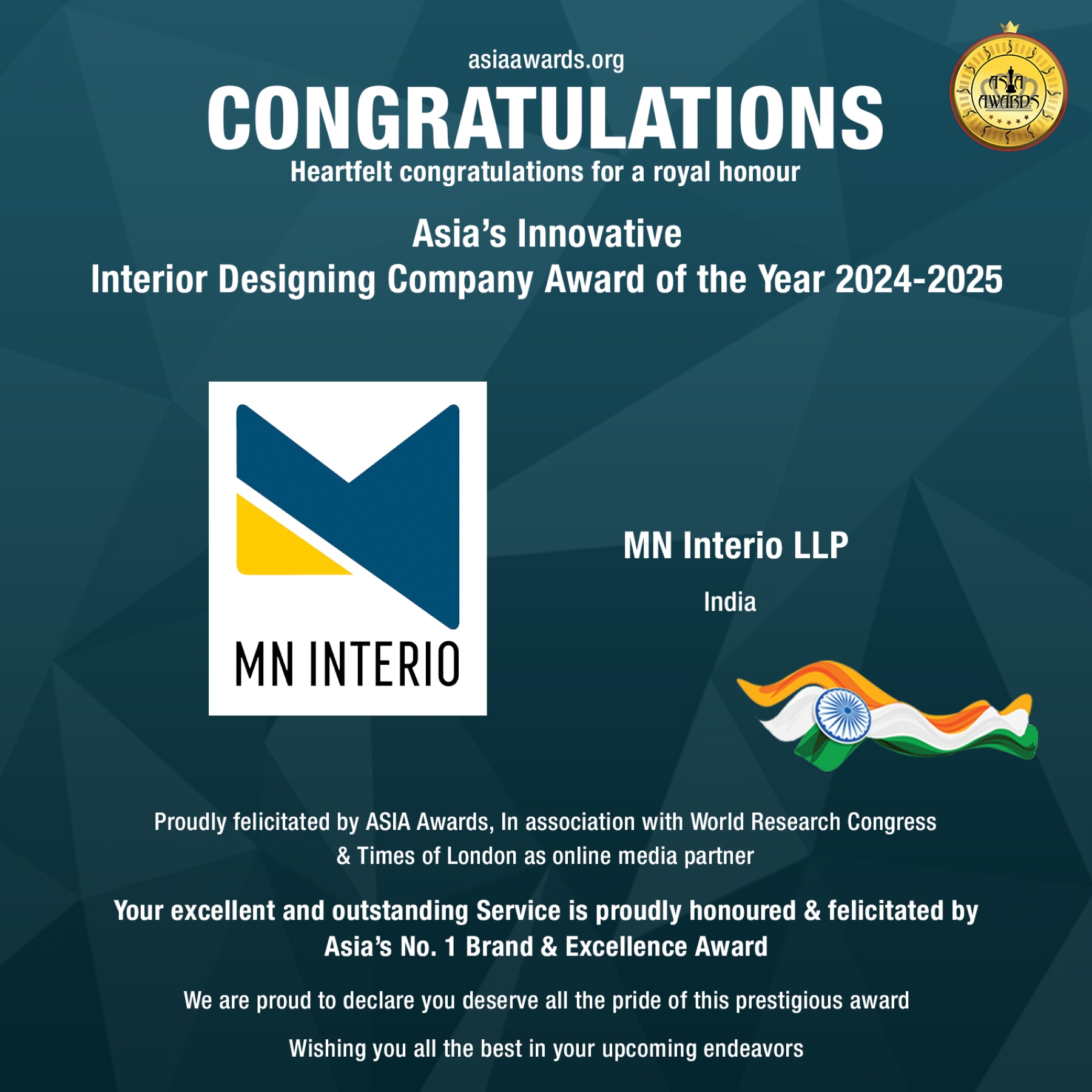 MN Interio LLP has bagged Asia's Innovative Interior Designing Company Award
