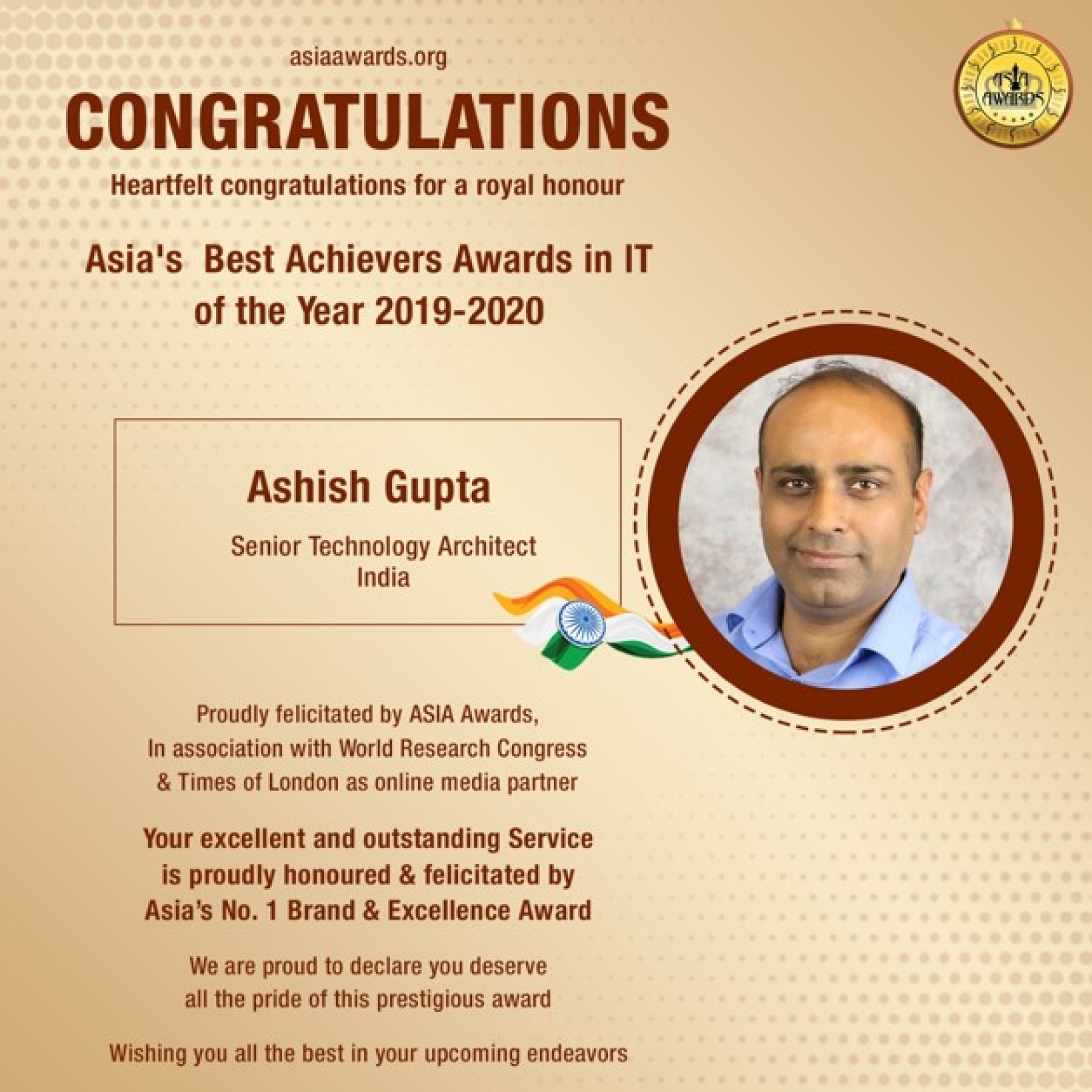Ashish Gupta has bagged Asia's Best Achievers Awards in IT 2019
