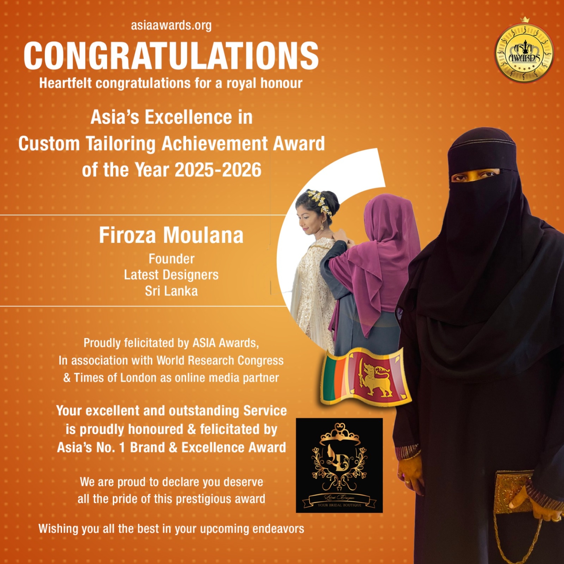 Firoza Moulana has bagged Asia's Excellence in Custom Tailoring Achievement Award