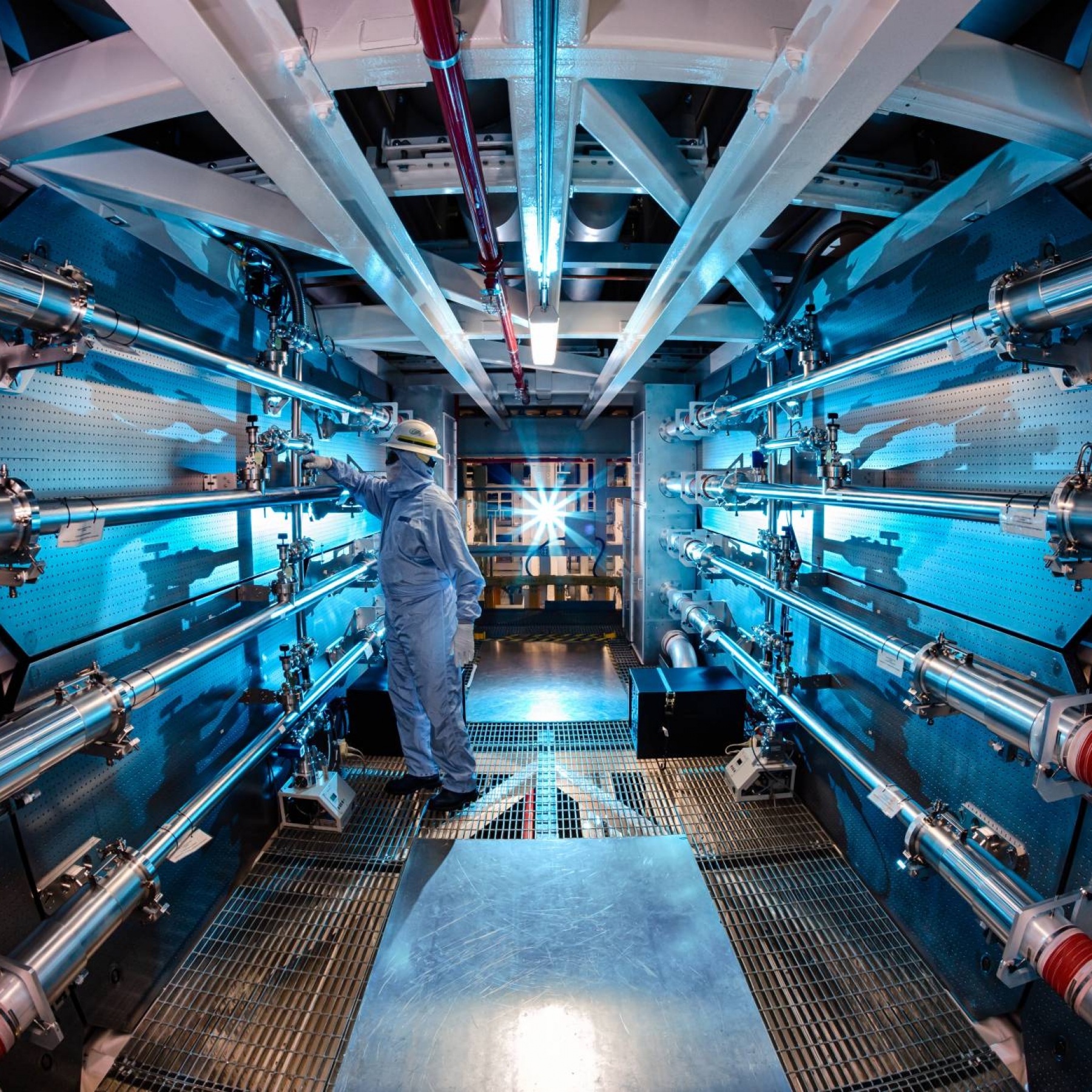 The interior of the target chamber at LLNL, where nuclear fusion takes place