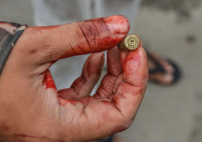 The marking of the Myanmar's Directorate of Defence Industries is on this bullet casing found after a lethal crackdown on protesters in 2021