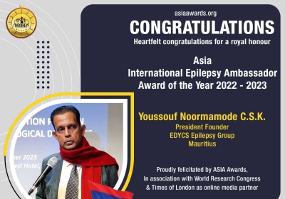 Youssouf Noormamode C.S.K. has bagged Asia International Epilepsy Ambassador Award