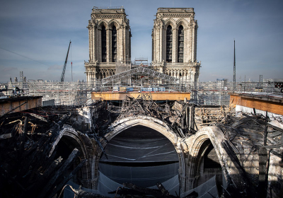 How much of Notre Dame cathedral has been restored three years after fire