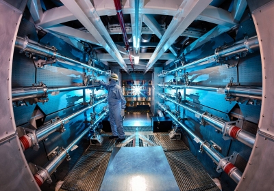 The interior of the target chamber at LLNL, where nuclear fusion takes place